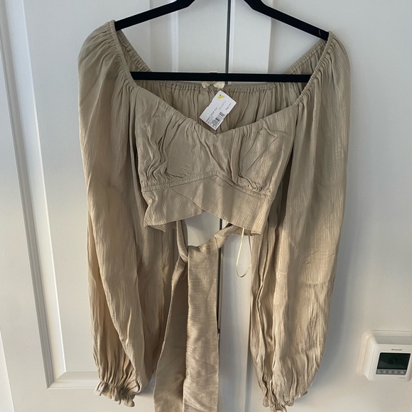 Wrap Long Sleeve Crop Top in Taupe | Mable - Picture 1 of 3